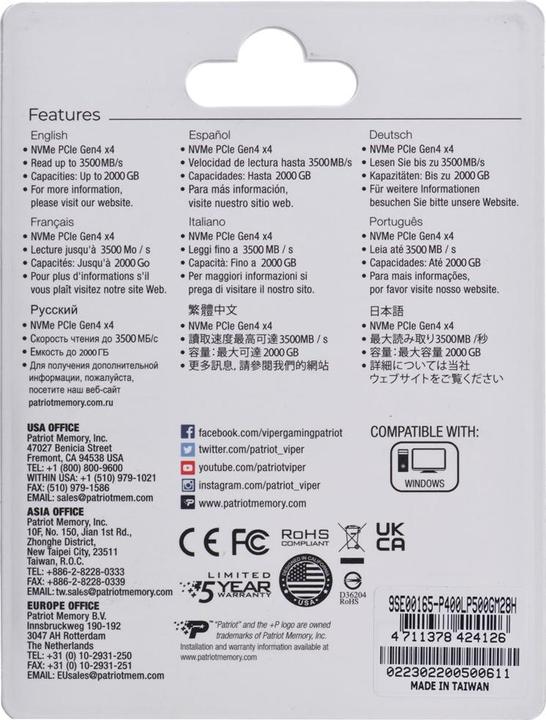Produktbild Patriot SSD 500GB M.2 P400 Lite PCIe 4x4 NVMe 3500/2400 (500 GB, M.2 2280)