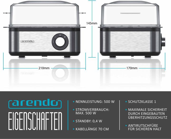 Produktbild Arendo Edelstahl Eierkocher 8-fach, 500 W, Edelstahl, Warmhaltefunktion, Härtegrad einstellbar, silber