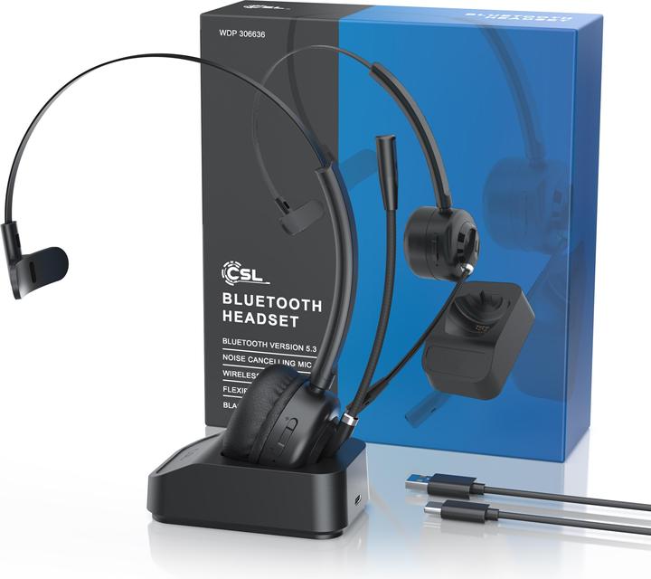Actual product image CSL Wireless headset, Bluetooth headphones, microphone, charging station, noise cancel, multipoint, BT (Wireless, USB-A)