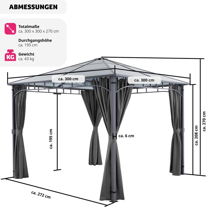 Produktbild tectake Gartenpavillon Caracas, wetterfest, Polycarbonat-Dachplatten (297 cm, 297 cm)