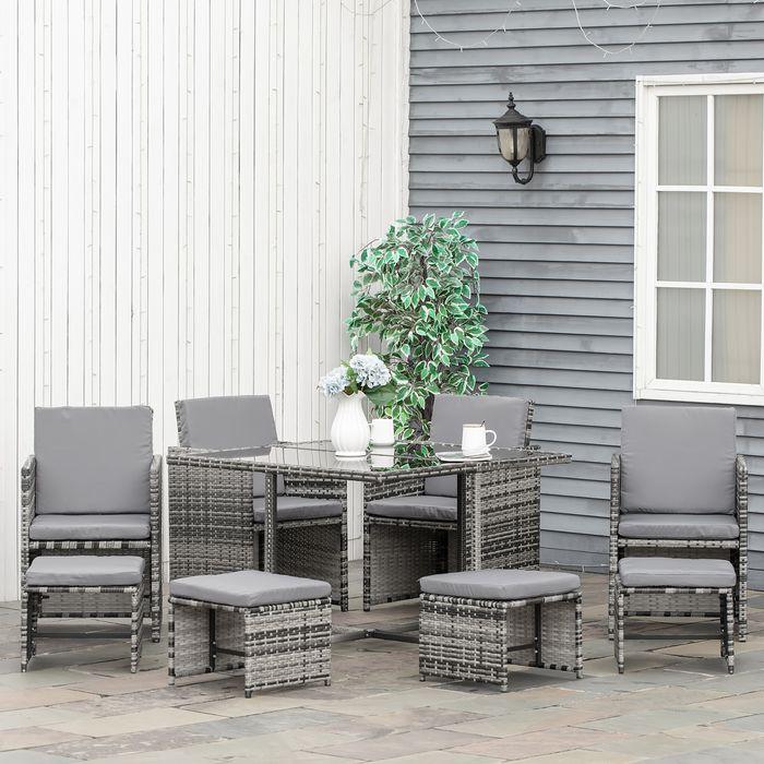 Immagine prodotto Swisshandel24 Set di sedute per 8 persone Set da giardino in polyrattan Set di sedute con cuscini inclusi Grigio (109 cm)
