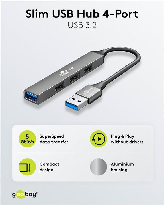 Actual product image Goobay Slim 4-port USB hub, USB-A to USB-A, USB 3.2 (USB-A, 4 Ports)