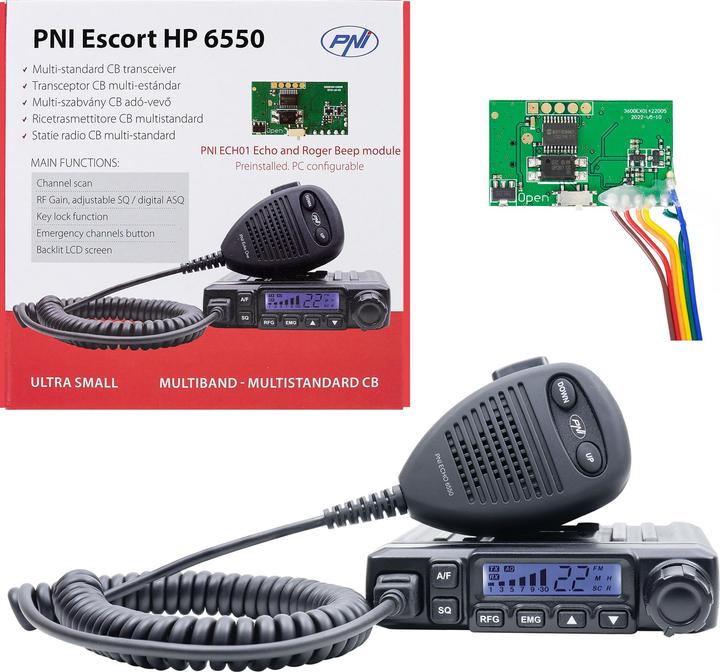 PNI Escort HP 6550 Radio CB avec ECH01 installé, multistandard, 4 W, AM-FM, 12 V, ASQ, m