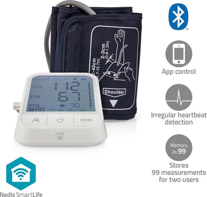 Produktbild Nedis SmartLife Blutdruckmessgerät | Arm | Bluetooth | LCD-Anzeige | 22 - 42 cm | Anzeige des Stillh (Blutdruckmessgerät Oberarm)
