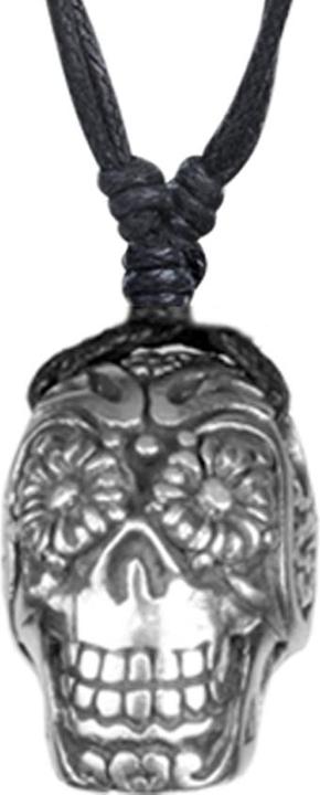 Produktbild Star Piercing Halskette schwarz Anhänger silber Schädel mit Blumen (Messing)