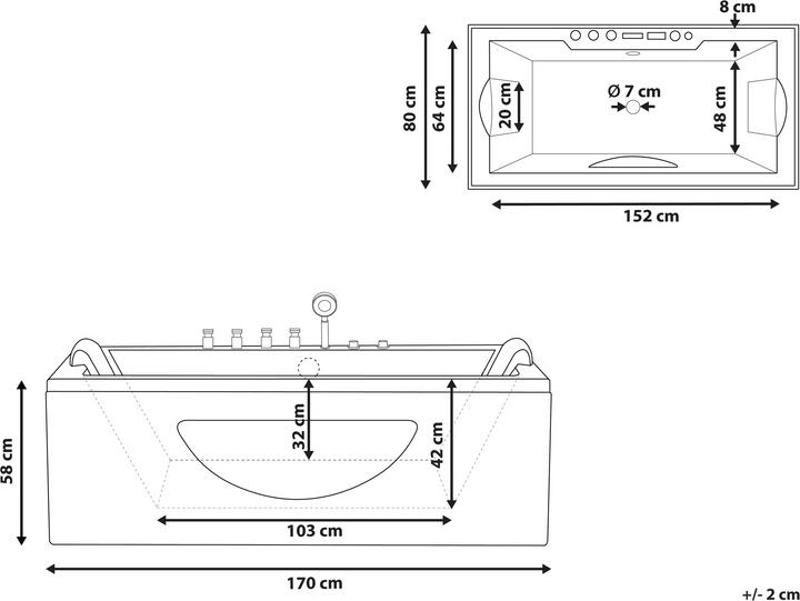 Produktbild Beliani Whirlpool Badewanne schwarz rechteckig mit LED 170 x 80 cm HAWES (197 l, 170 cm, 80 cm)