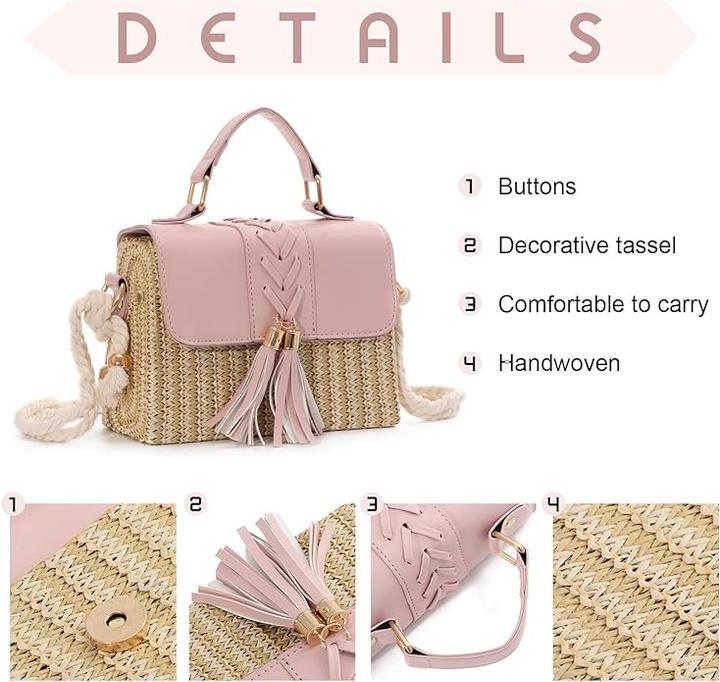 Immagine prodotto Only-Bags.Store Borse di paglia intrecciata con decorazioni di nappe, mini borsa da spiaggia con cinturino, manico