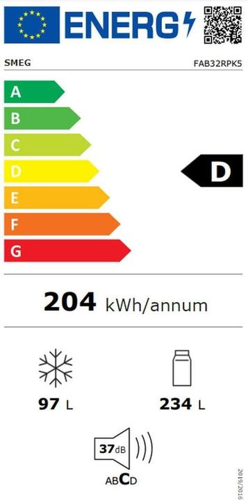 Etichetta energetica Smeg FAB32RPK5 Stile anni '50, 2 porte, 60 cm, Destra, Senza gelo, rosa cadillac (331 l)