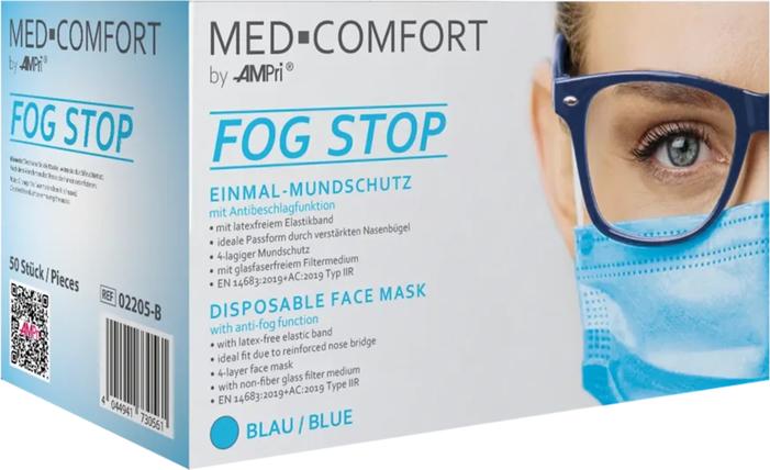 Actual product image Ampri MED-COMFORT FOG STOP Mundschutz 4-lagig TYP IIR 175x95 mm blau 50 Stk. (Protection class I, 50 x)