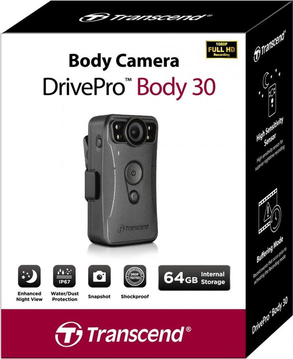 Produktbild Transcend DrivePro Body 30 (Eingebaute Anzeige, Eingebautes Display, Bluetooth, WLAN, Nachtsicht, GPS-Empfänger, Full HD)