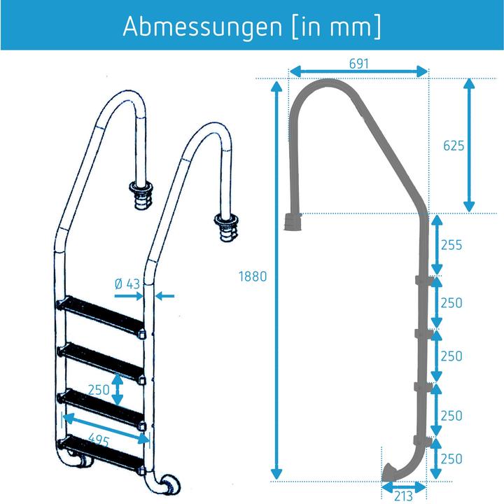 Image du produit Poolomio Echelle suspendue en acier inoxydable | 4 marches | modèle standard