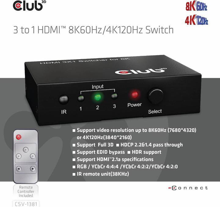 Actual product image Club 3D Club3D HDMI Switchbox 3 inputs -> 1 output 8K60Hz UHD retail