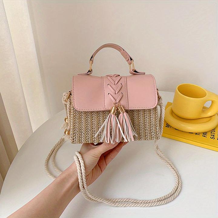 Immagine prodotto Only-Bags.Store Borse di paglia intrecciata con decorazioni di nappe, mini borsa da spiaggia con cinturino, manico