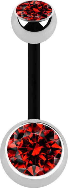 Star Piercing Banane schwarz mit zwei Kugeln silber Kristall rot (Bioflex, ohne Messing, Chirurgenstahl 316L)