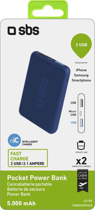 Produktbild SBS Pocket Power Bank 5000 mAh (5000 mAh, 18.50 Wh)