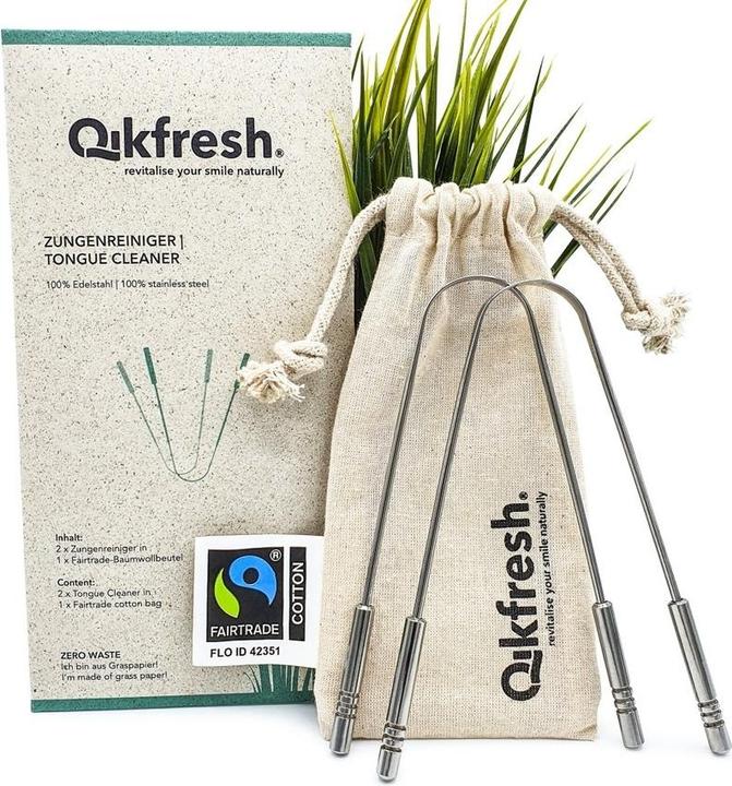 Qikfresh Zungenreiniger mit Baumwollbeutel (Zungenschaber, 2 x)