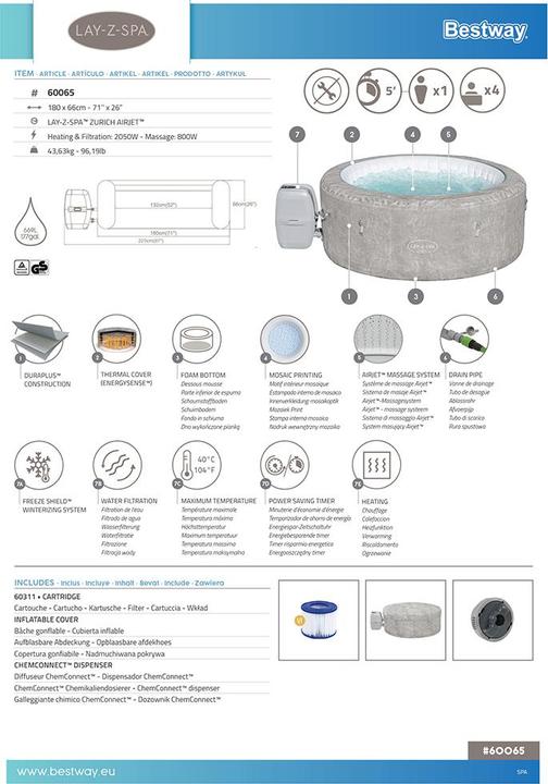 Image du produit Bestway Lay-Z-Spa Zürich 180x66cm Airjet (4 pers.)