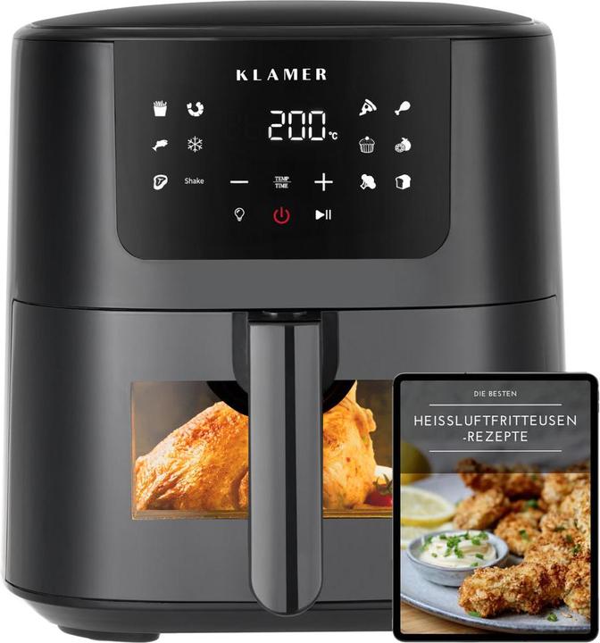 Produktbild KLAMER Heissluftfritteuse 5l XL, Heissluftfritteuse mit Sichtfenster & Schüttel-Erinnerung, Ölfr…