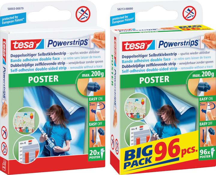 Image du produit tesa Powerstrips POSTER, capacité de maintien de 200g, 20x bandes adhésives double face (0.20 kg)
