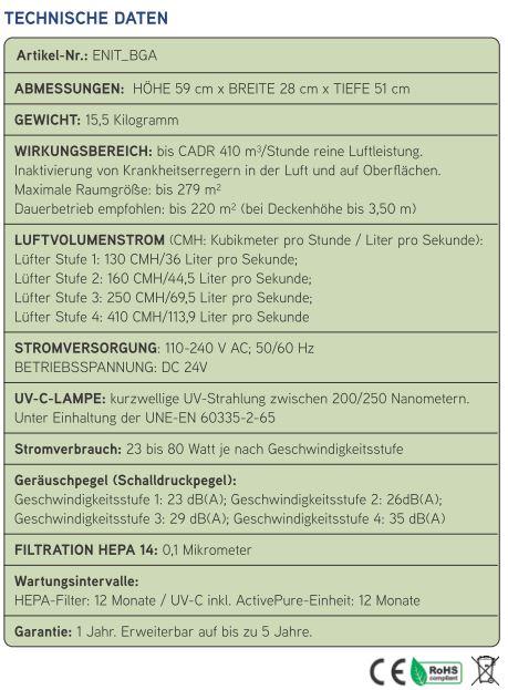 Valeurs nutritives et ingrédients ActivePure ENITEK Beyond Guardian Air – Mobiler Hochleistungs-Luftreiniger