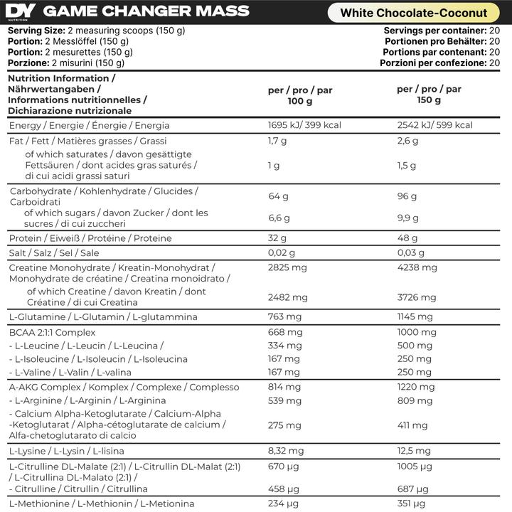 Valeurs nutritives et ingrédients DY Nutrition Game Changer Mass (Noix de coco au chocolat blanc, 3000 g)