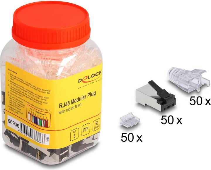 Immagine prodotto Delock Spina modulare RJ45 con robusto capocorda a scatto Cat.6 e guaina antipiega Set da 50