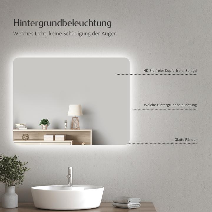 Produktbild Emke Badezimmerspiegel mit Beleuchtung 60*40cm,Beschlagfrei, 3000K/6500K,Tast Schalter