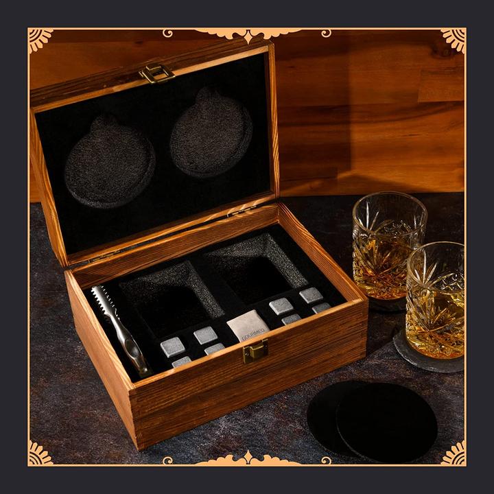Actual product image Gourmeo 8 Whiskey stones in wooden box L, 2 glasses (Whisky stones)