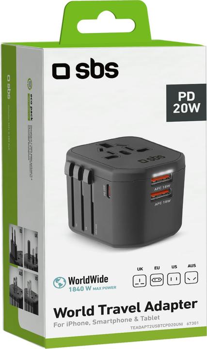 Immagine prodotto SBS Adattatore da viaggio universale con 2 porte USB e 1 PD20W di tipo C