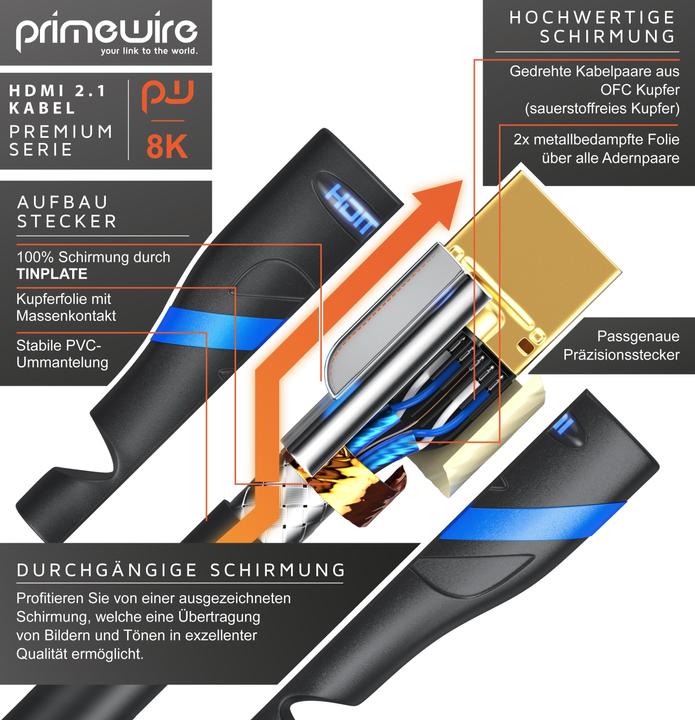 Image du produit Primewire Câble HDMI 2.1, type A, 8k @ 120Hz 4K @ 240Hz / 4k @ 240Hz avec DSC, UHD, HDR, eARC, VRR, 48 Gbit/s (1.50 m, HDMI)