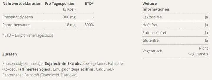 Nutritional values and ingredients Burgerstein Brain PS (60 Piece, Capsules, 120 g)