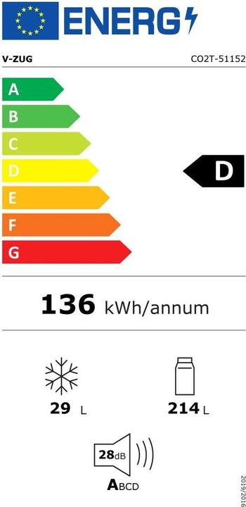 Energie-Label V-Zug Kühl-/Gefriergerät Cooler V2000 152FGI (242 l)