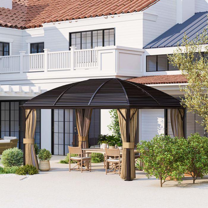 Actual product image Swisshandel24 Pavillon mit Hardtop, 4x3 m Wasserdicht Stabil Winterfest Moskitonetz, Alu, Braun (398 cm, 298 cm)