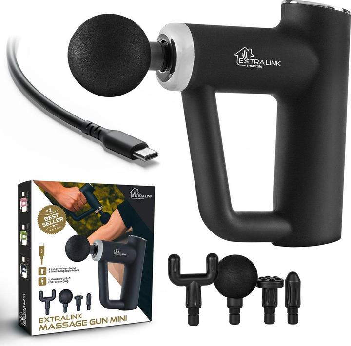 Extralink Massage Gun Mini Negro | Pistola de masaje | 4 puntas intercambiables