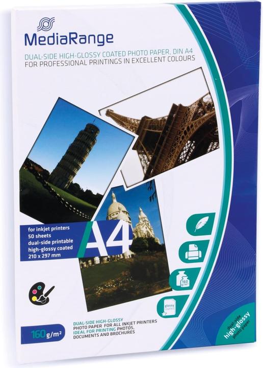 Produktbild MediaRange Doppelseitiges hochglänzendes Fotopapier (160 g/m², A4, 50 x)