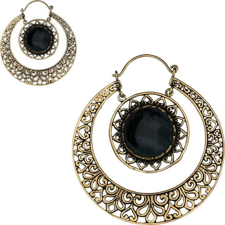 Produktbild Star Piercing Ohrring vergoldet Creole mit Herzen und Onyx Stein (Messing, Mineralisch)