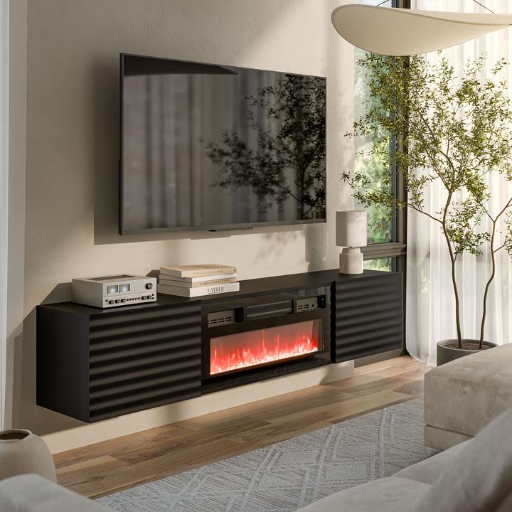 Actual product image Cama RTV cabinet TULA 183x35x37 black matt + black fireplace (183 x 35 x 37 cm)