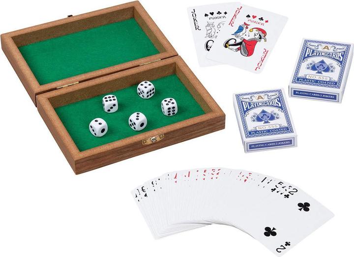 Produktbild Goki Spielkartenbox mit 5 Würfel und 2 Kartendecks á 54 Karten (Deutsch, Französisch, Italienisch, Englisch)