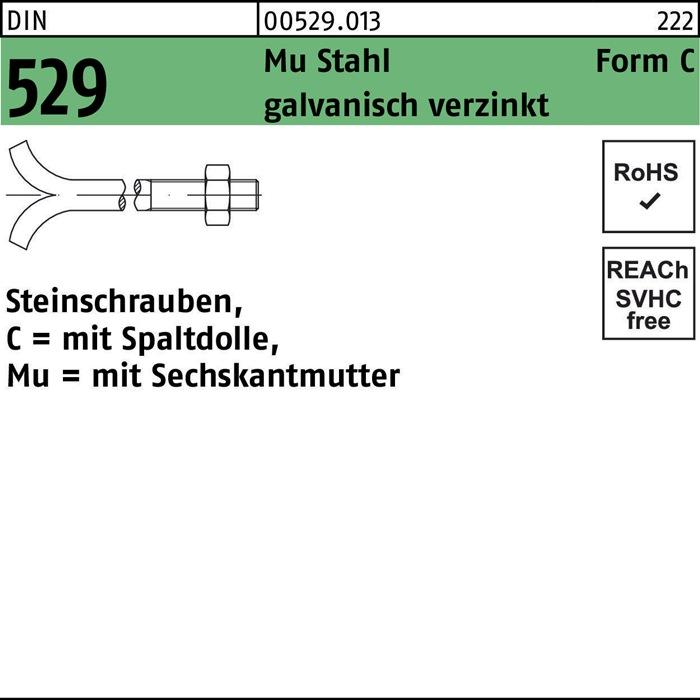 Nährwerte und Zutaten Steinschraube DIN 529 m.Spaltdolle/6-kantmutter CM 20 x 250 Mu 3.6 galvanisch verzinkt