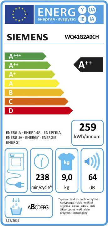 Energie-Label Siemens WG44G10ACH & WQ41G2A0CH Waschturm (9 kg, Rechts)