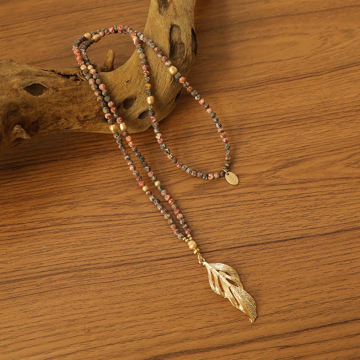Actual product image Andreani Necklace with feather pendant made from genuine leopard jasper