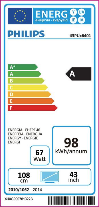 Etichetta energetica Philips 43pus6401/12 (43", LCD, 4K, 2016)