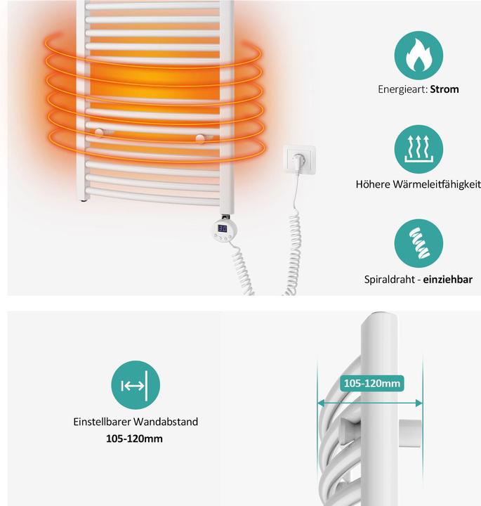 Produktbild Emke Elektrischer Badheizkörper, Badheizung Elektrisch, Weiss 120x40cm 500W (500 W)