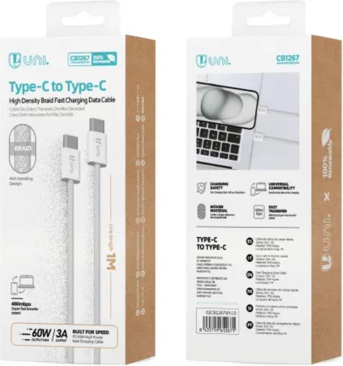 Actual product image Uni-ball CABLE UNI USB TIPO(C) A USB TIPO(C) 60W 3A (1 m)