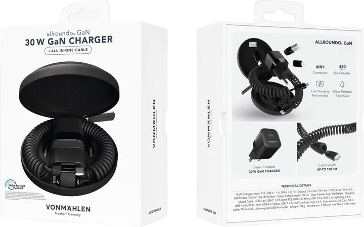 Produktbild Vonmählen Allroundo GaN All-in-One Ladekabel + 33 W USB C Charger (1.20 m, USB 2.0)