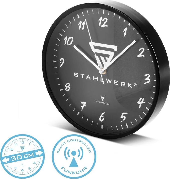 Immagine prodotto Stahlwerk Orologio da parete 30 cm nero da officina con cassa in alluminio Movimento RCC (30 cm)