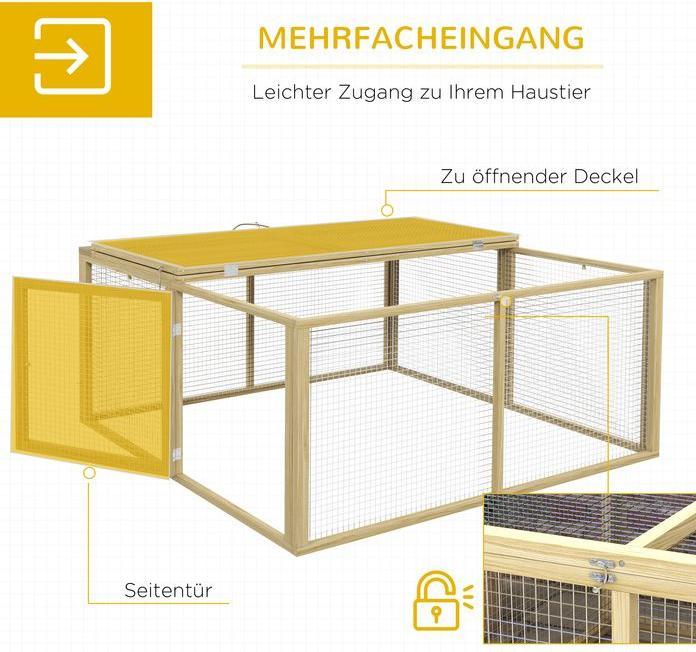 Produktbild Swisshandel24 Kaninchenstall Holz Freilaufgehege aufklappbar Dach Meerschweinchen Natur 120x120x57cm