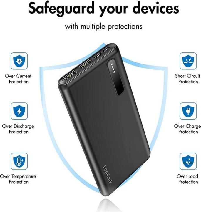Produktbild LogiLink Powerbank PA0311 schwarz, 8000 mAh, 2x USB-A, 2-in-1-Kabel (8000 mAh, 12 W)