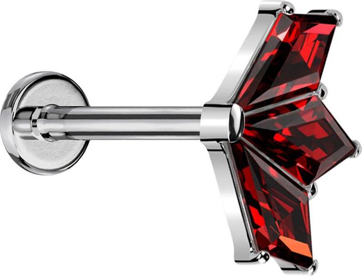 Star Piercing Micro Threadless Labret silber Fächer silber drei Diamant Kristalle rot (Titan G23, ohne Messing)