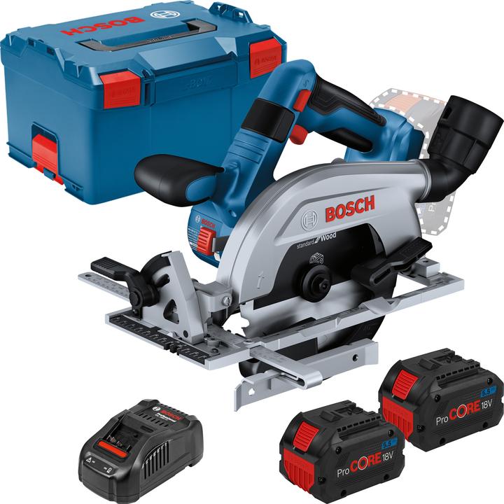 1 L-BOXX-Einlage für Gerät, 2 x Akku ProCORE18V 5.5Ah, L-BOXX 238, Schnellladegerät GAL 1880 CV, 1,0 x 20 mm, 24, 1 x Parallelanschlag, 1, 1 x Kreissägeblatt, Standard for Wood, 165 x 1,5